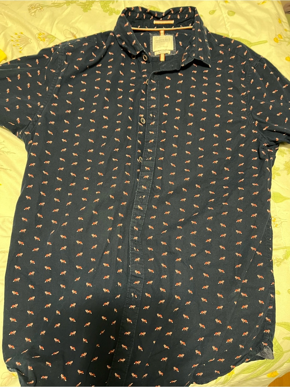 Cactus Navy Short-Sleeve Button-Down with Small Red Print